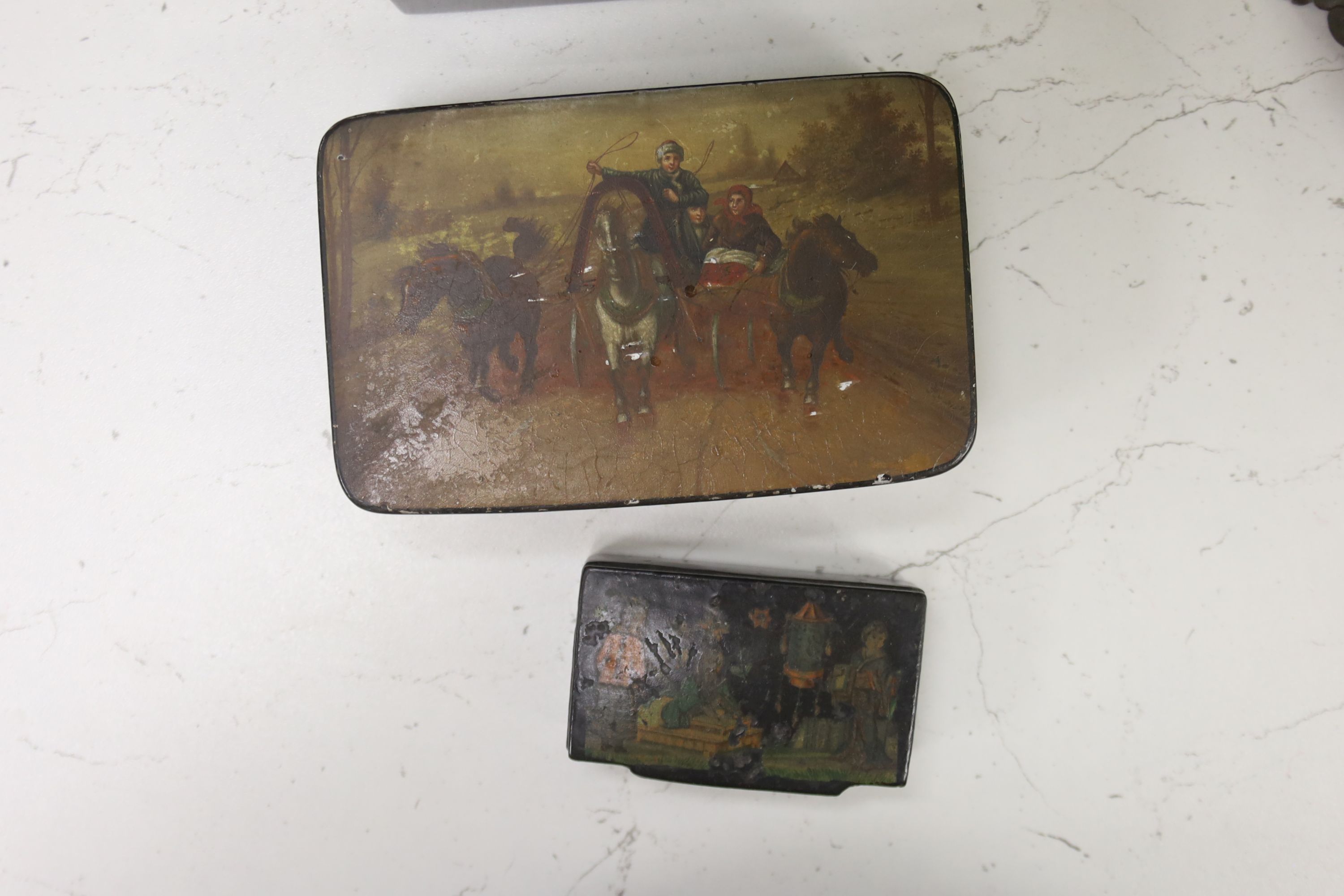 A collection of six Russian and European lacquer boxes, largest 14 x 9cm 9cm high, together with a papier mache snuff box and another decorative box (8)